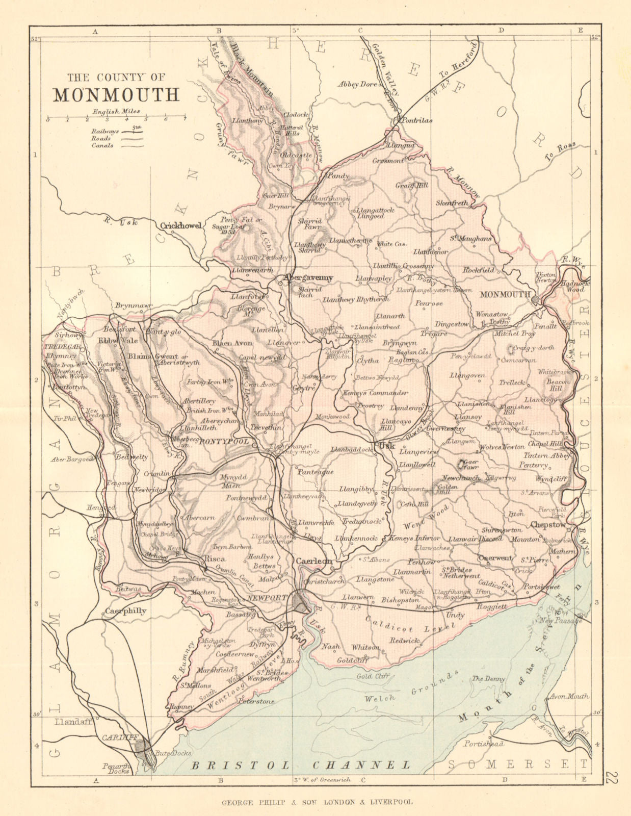 MONMOUTHSHIRE. Antique county map. Railways roads canals. PHILIP 1884 old